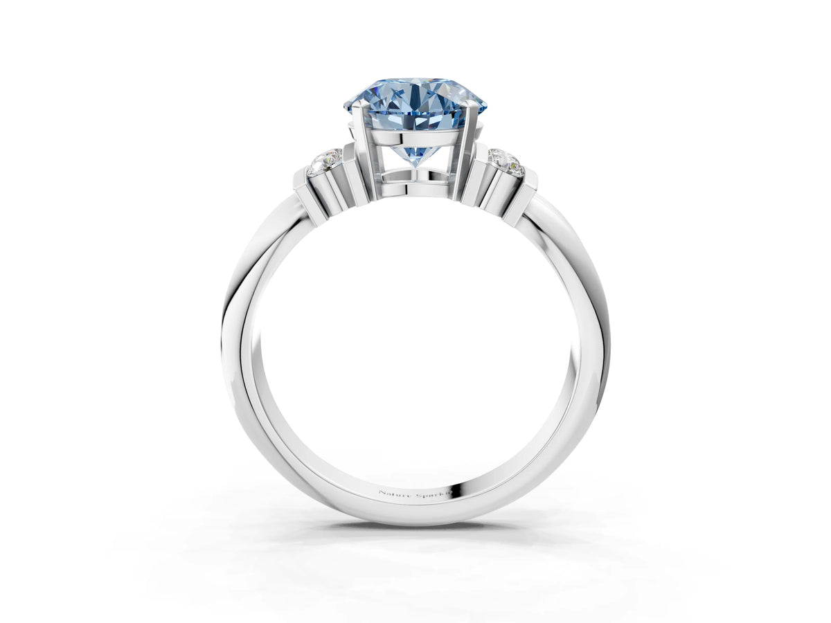 Three-Stone Fancy Blue Round Cut Diamond Channel Set Ring in White gold with Bar Prongs_3