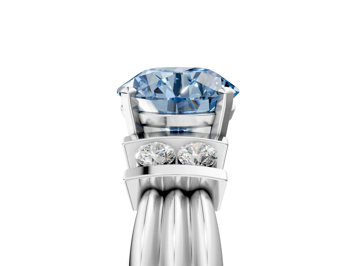 Three-Stone Fancy Blue Round Cut Diamond Channel Set Ring in White gold with Bar Prongs_5