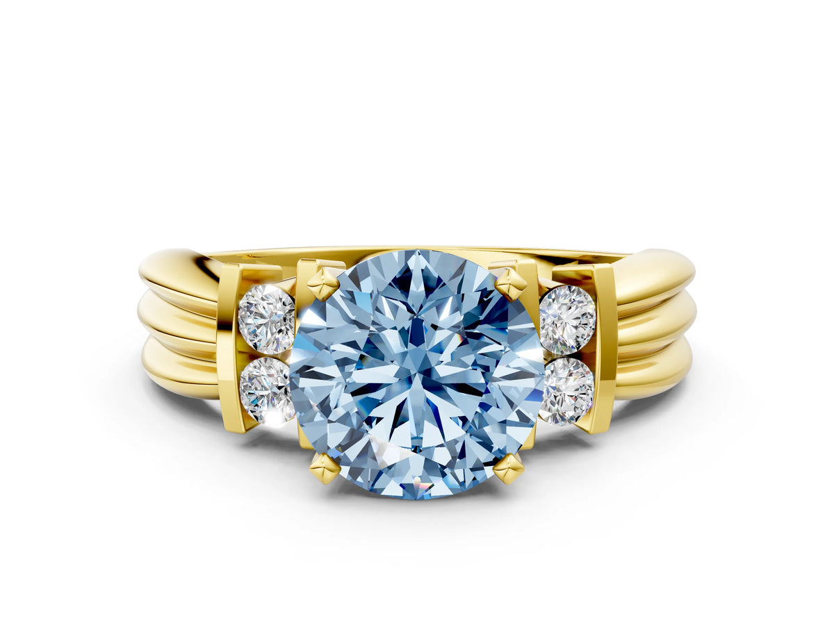 Three-Stone Fancy Blue Round Cut Diamond Channel Set Ring in Yellow gold with Bar Prongs