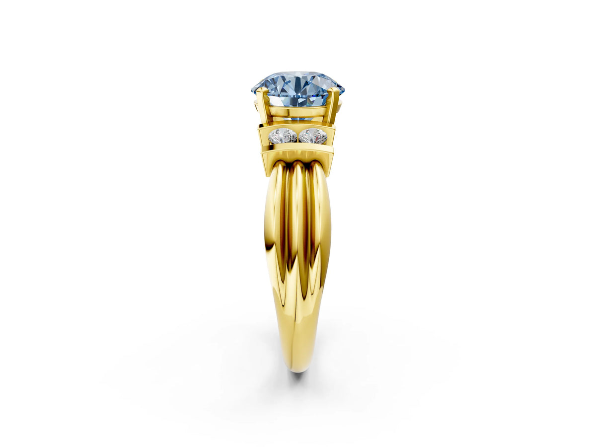 Three-Stone Fancy Blue Round Cut Diamond Channel Set Ring in Yellow gold with Bar Prongs_2