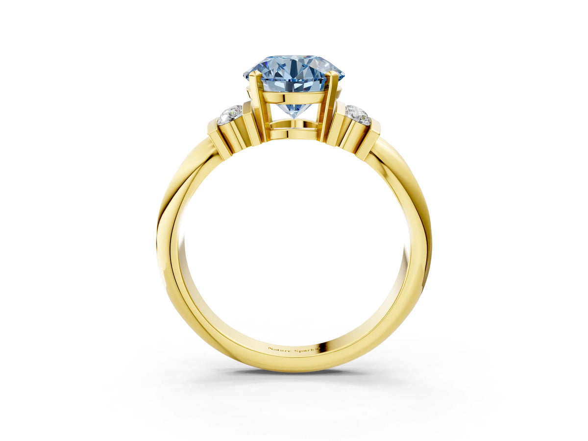 Three-Stone Fancy Blue Round Cut Diamond Channel Set Ring in Yellow gold with Bar Prongs_3