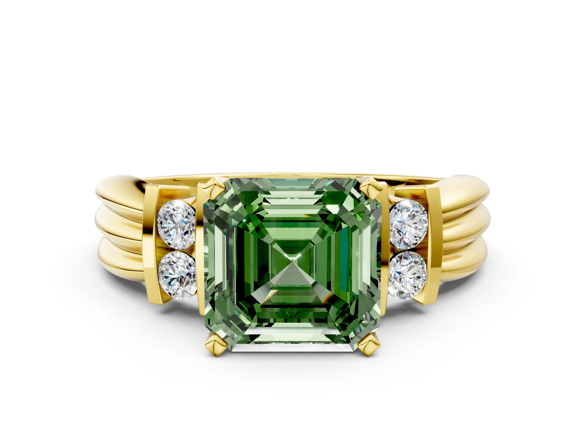 Three-Stone Fancy Green Asscher Cut Diamond Channel Set Ring in Yellow gold with Bar Prongs