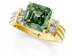 Three-Stone Fancy Green Asscher Cut Diamond Channel Set Ring in Yellow gold with Bar Prongs_1