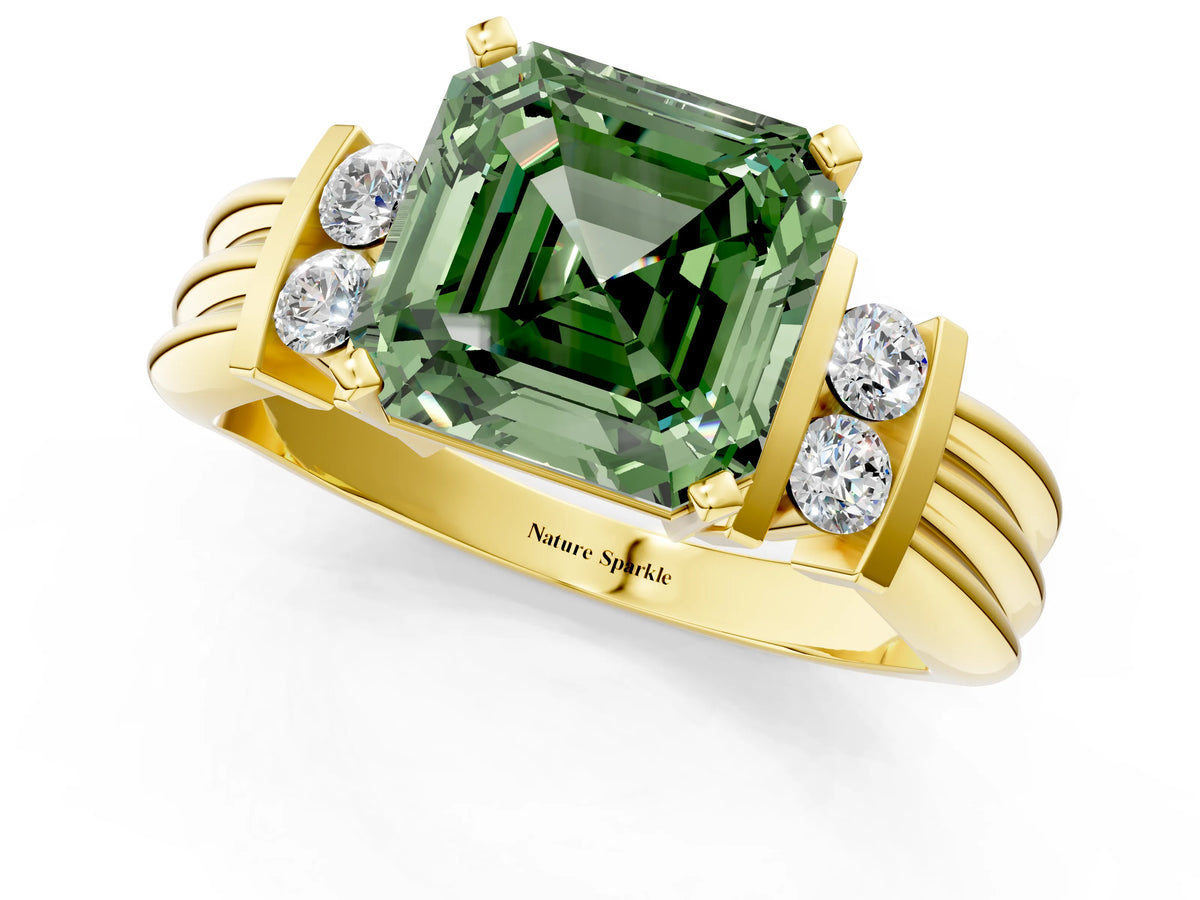 Three-Stone Fancy Green Asscher Cut Diamond Channel Set Ring in Yellow gold with Bar Prongs_1