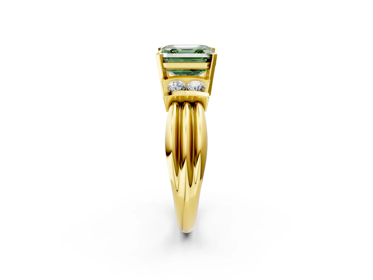 Three-Stone Fancy Green Asscher Cut Diamond Channel Set Ring in Yellow gold with Bar Prongs_2