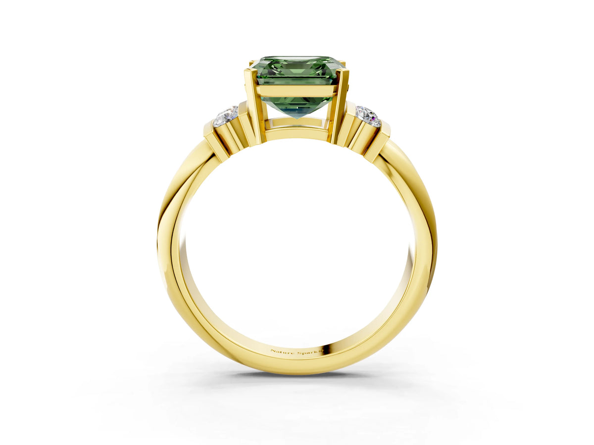 Three-Stone Fancy Green Asscher Cut Diamond Channel Set Ring in Yellow gold with Bar Prongs_3