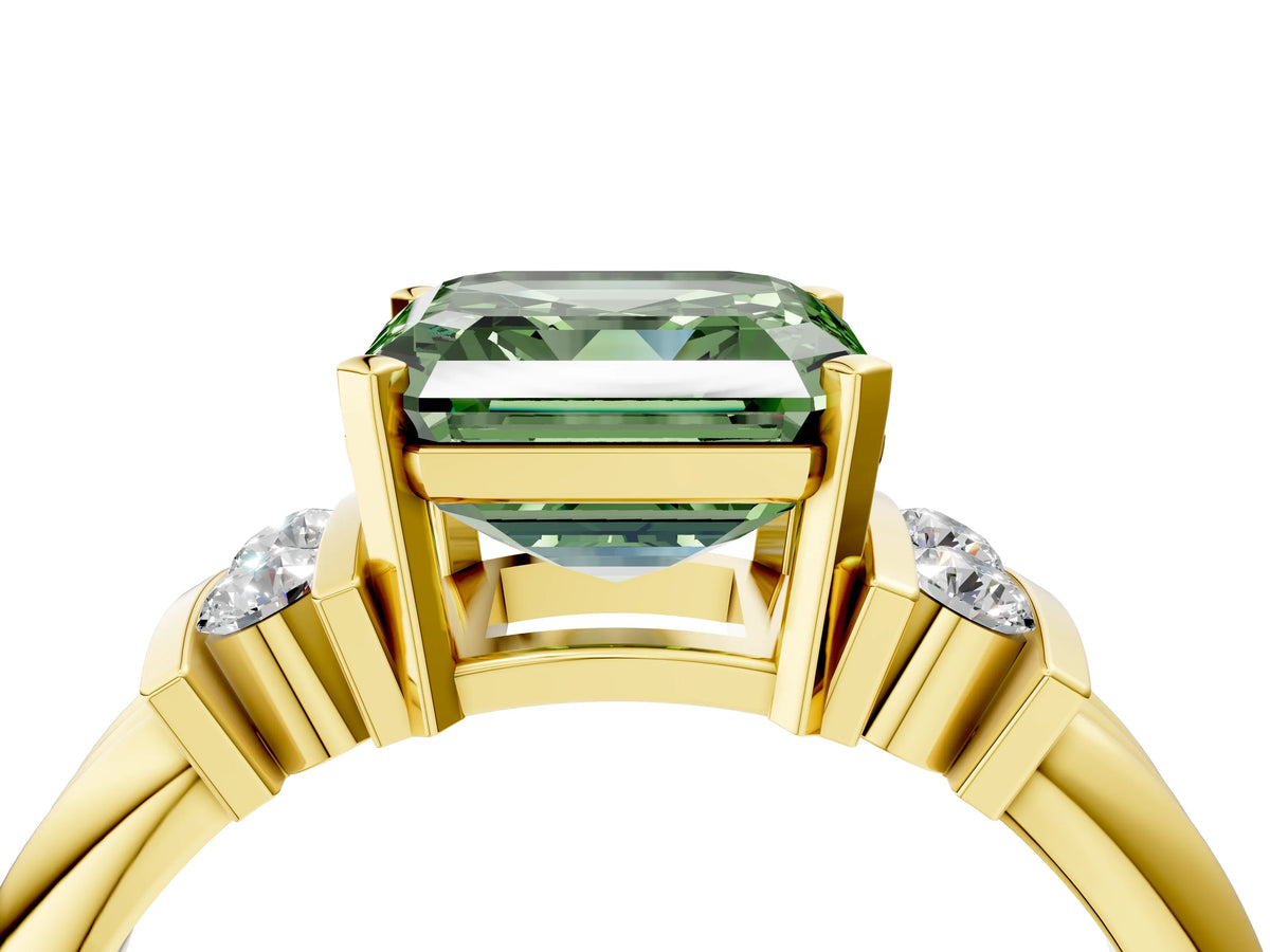 Three-Stone Fancy Green Asscher Cut Diamond Channel Set Ring in Yellow gold with Bar Prongs_4
