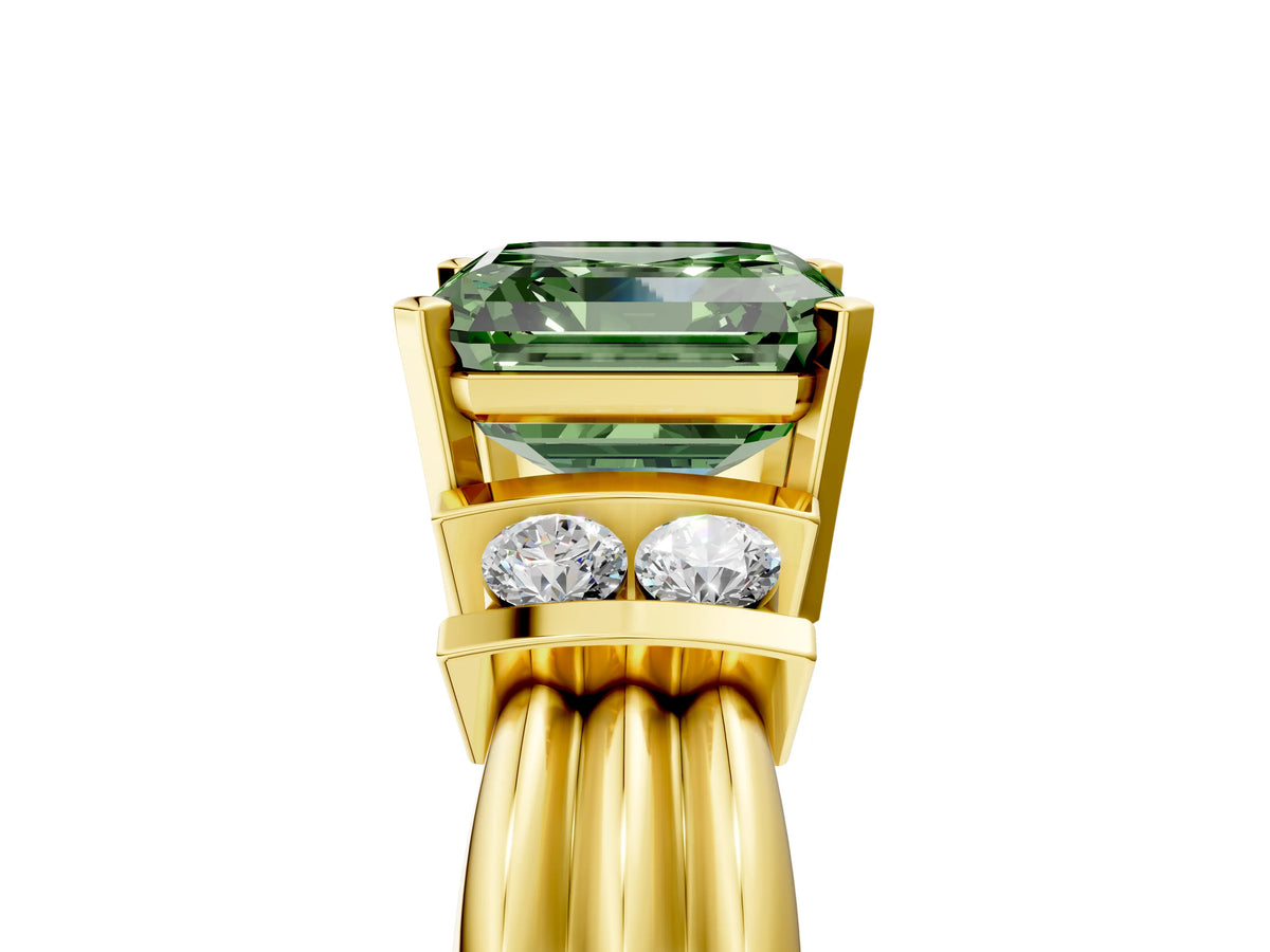Three-Stone Fancy Green Asscher Cut Diamond Channel Set Ring in Yellow gold with Bar Prongs_5