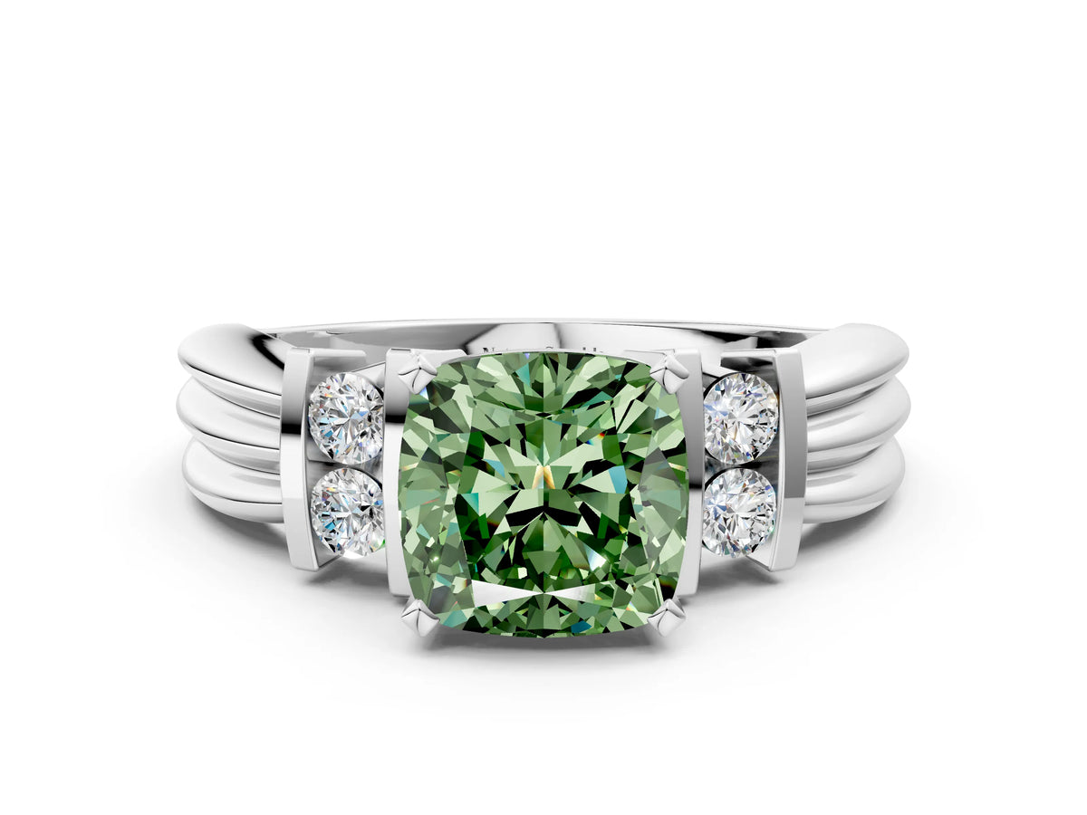 Three-Stone Fancy Green Cushion Cut Diamond Channel Set Ring in Platinum with Bar Prongs_12