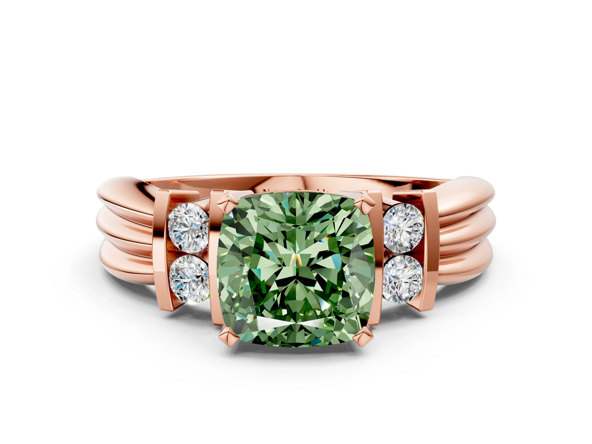 Three-Stone Fancy Green Cushion Cut Diamond Channel Set Ring in Rose gold with Bar Prongs