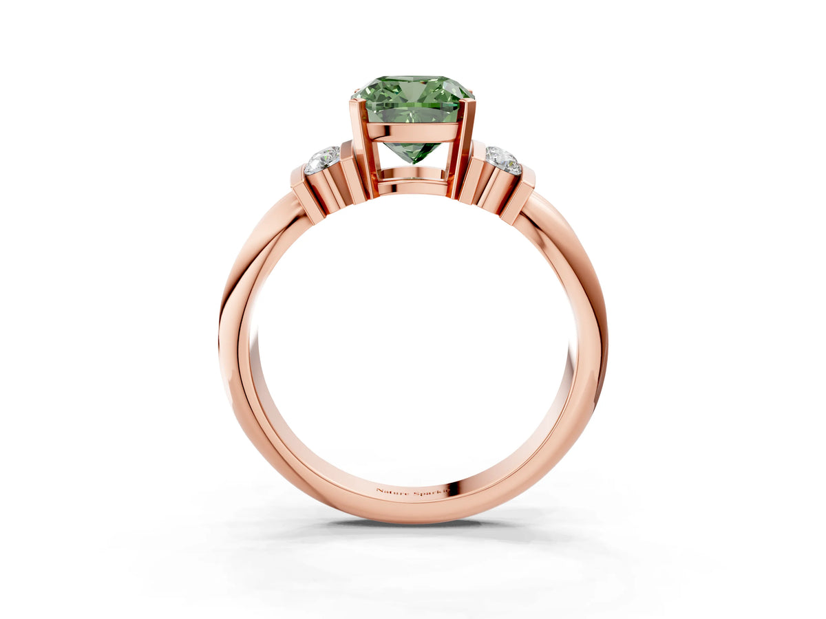 Three-Stone Fancy Green Cushion Cut Diamond Channel Set Ring in Rose gold with Bar Prongs_3