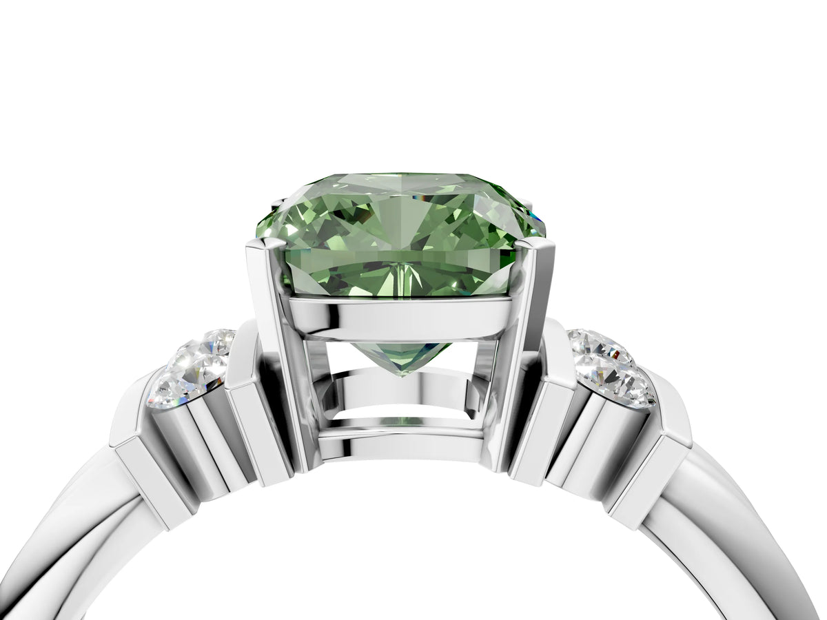 Three-Stone Fancy Green Cushion Cut Diamond Channel Set Ring in Silver with Bar Prongs_16