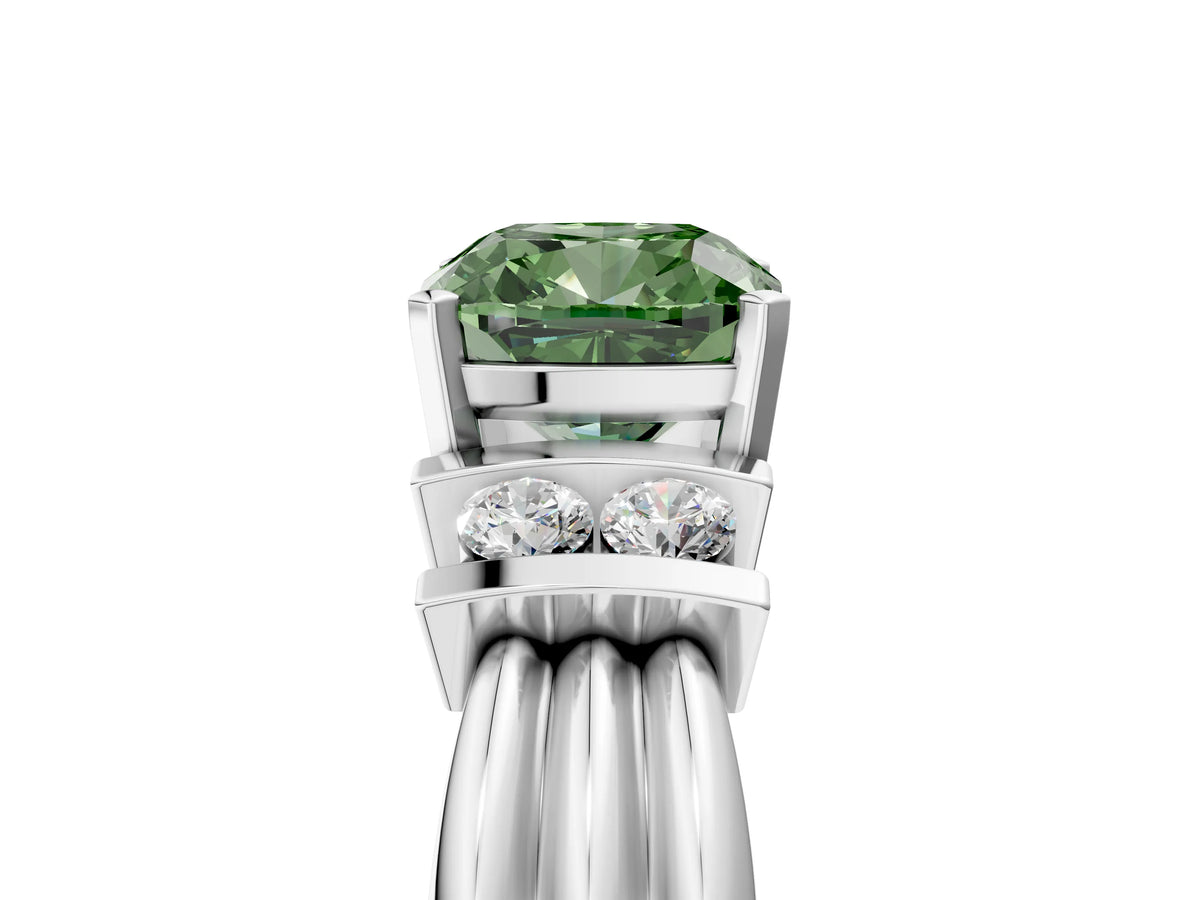 Three-Stone Fancy Green Cushion Cut Diamond Channel Set Ring in Silver with Bar Prongs_17
