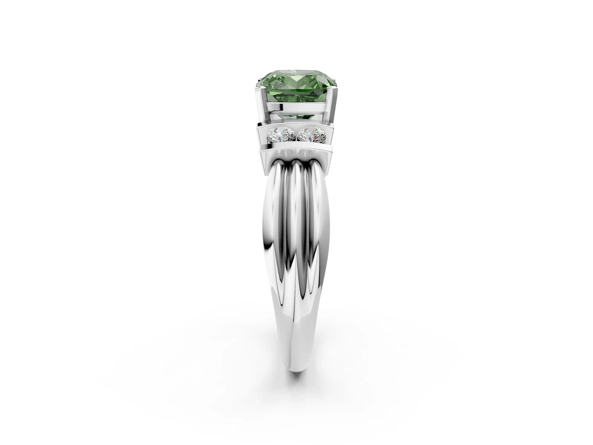 Three-Stone Fancy Green Cushion Cut Diamond Channel Set Ring in White gold with Bar Prongs_2