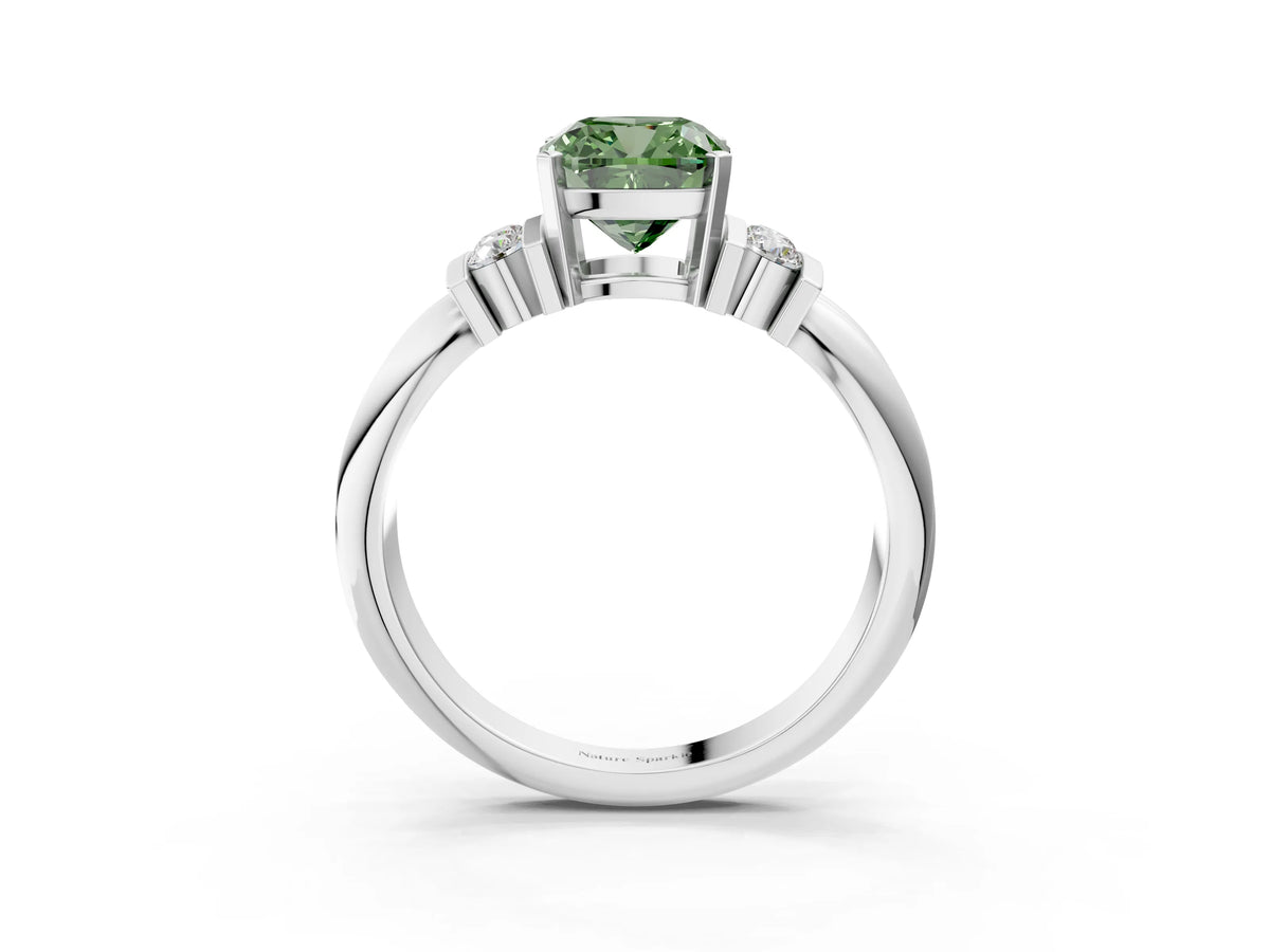 Three-Stone Fancy Green Cushion Cut Diamond Channel Set Ring in White gold with Bar Prongs_3