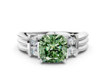 Three-Stone Fancy Green Cushion Cut Diamond Channel Set Ring in White gold with Bar Prongs