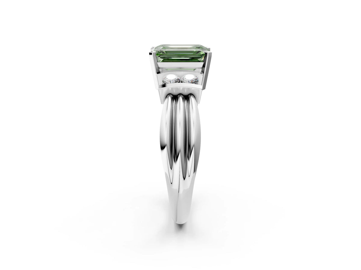 Three-Stone Fancy Green Emerald Cut Diamond Channel Set Ring in White gold with Bar Prongs_2