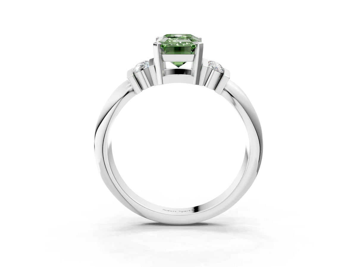 Three-Stone Fancy Green Emerald Cut Diamond Channel Set Ring in White gold with Bar Prongs_3