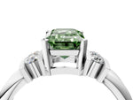 Three-Stone Fancy Green Emerald Cut Diamond Channel Set Ring in White gold with Bar Prongs_4