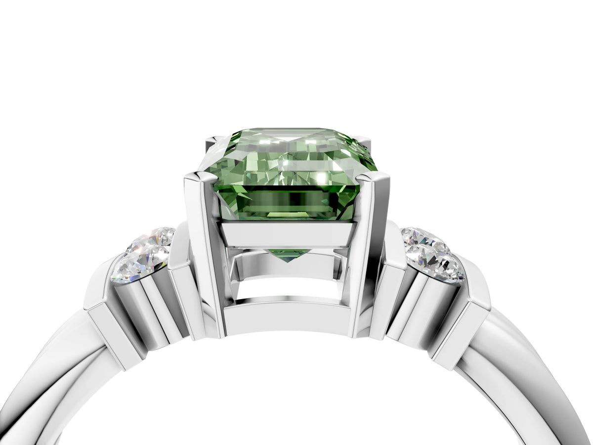 Three-Stone Fancy Green Emerald Cut Diamond Channel Set Ring in White gold with Bar Prongs_4
