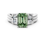 Three-Stone Fancy Green Emerald Cut Diamond Channel Set Ring in White gold with Bar Prongs