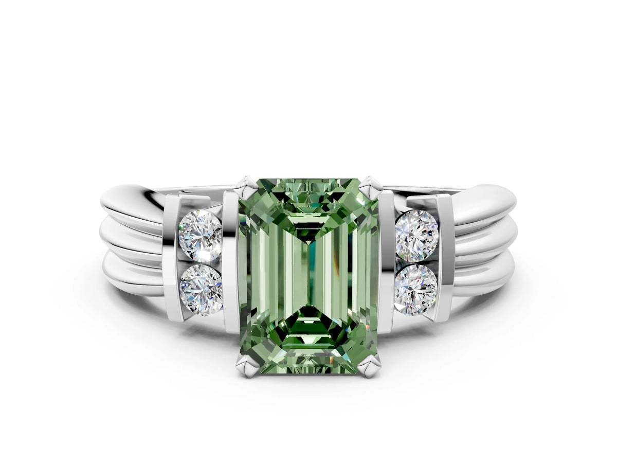 Three-Stone Fancy Green Emerald Cut Diamond Channel Set Ring in White gold with Bar Prongs