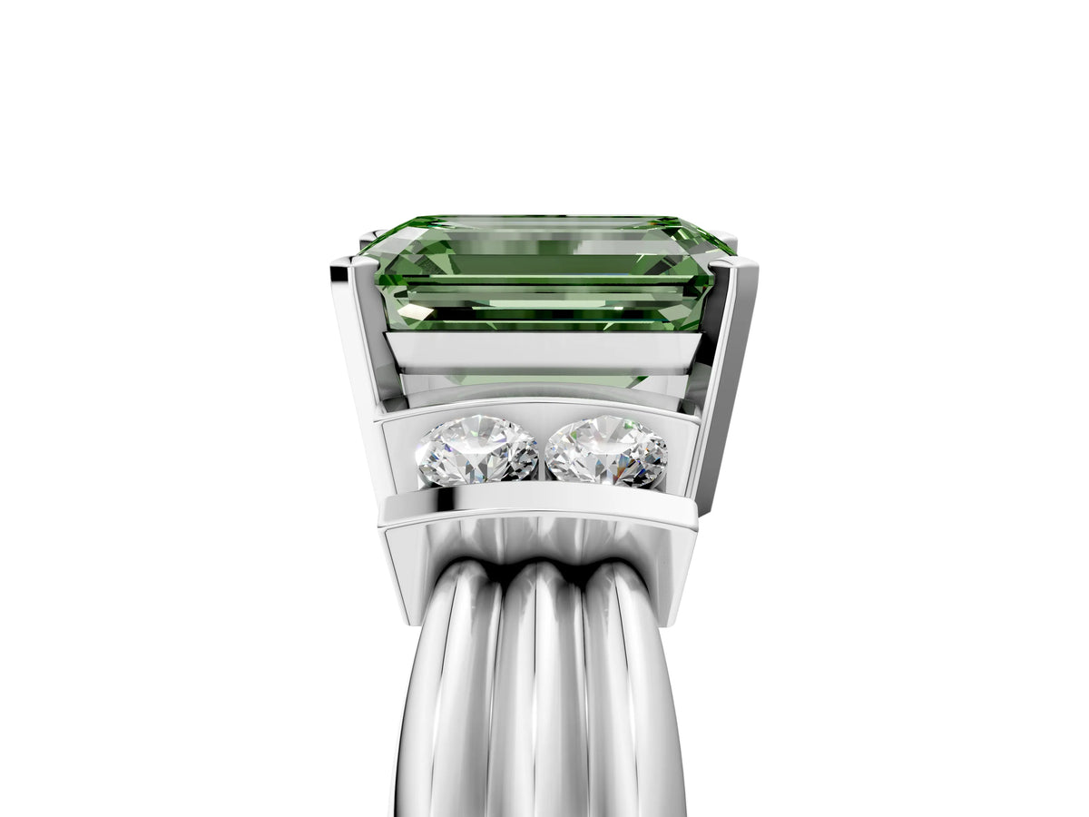 Three-Stone Fancy Green Emerald Cut Diamond Channel Set Ring in White gold with Bar Prongs_5