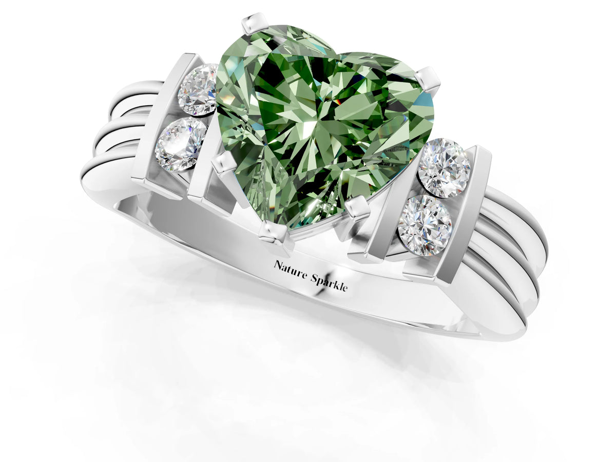 Three-Stone Fancy Green Heart Cut Diamond Channel Set Ring in Silver with Bar Prongs_13