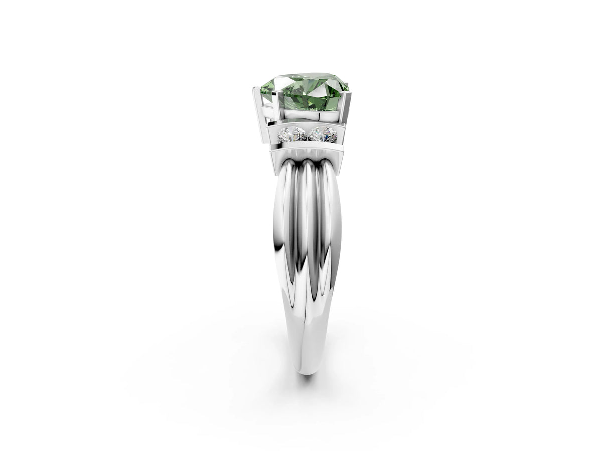 Three-Stone Fancy Green Heart Cut Diamond Channel Set Ring in Silver with Bar Prongs_14