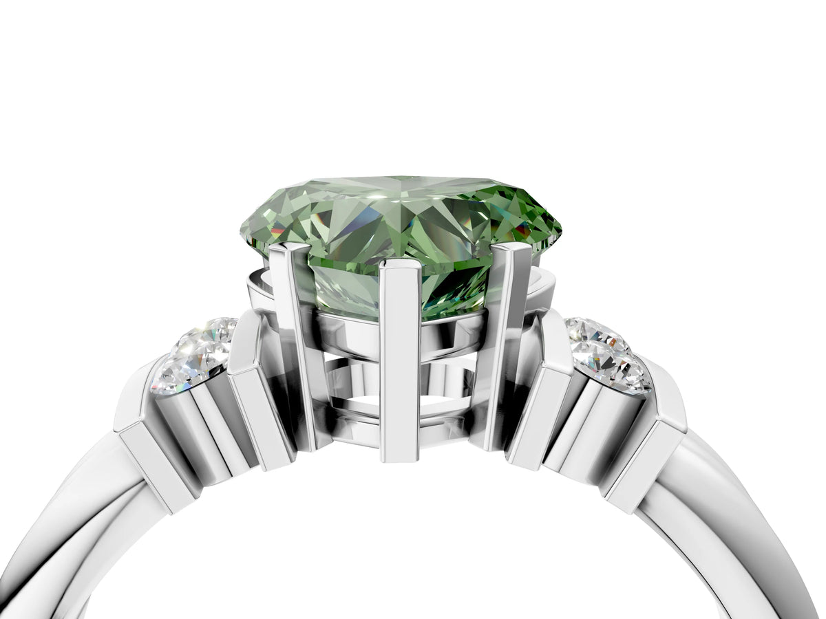 Three-Stone Fancy Green Heart Cut Diamond Channel Set Ring in Silver with Bar Prongs_16