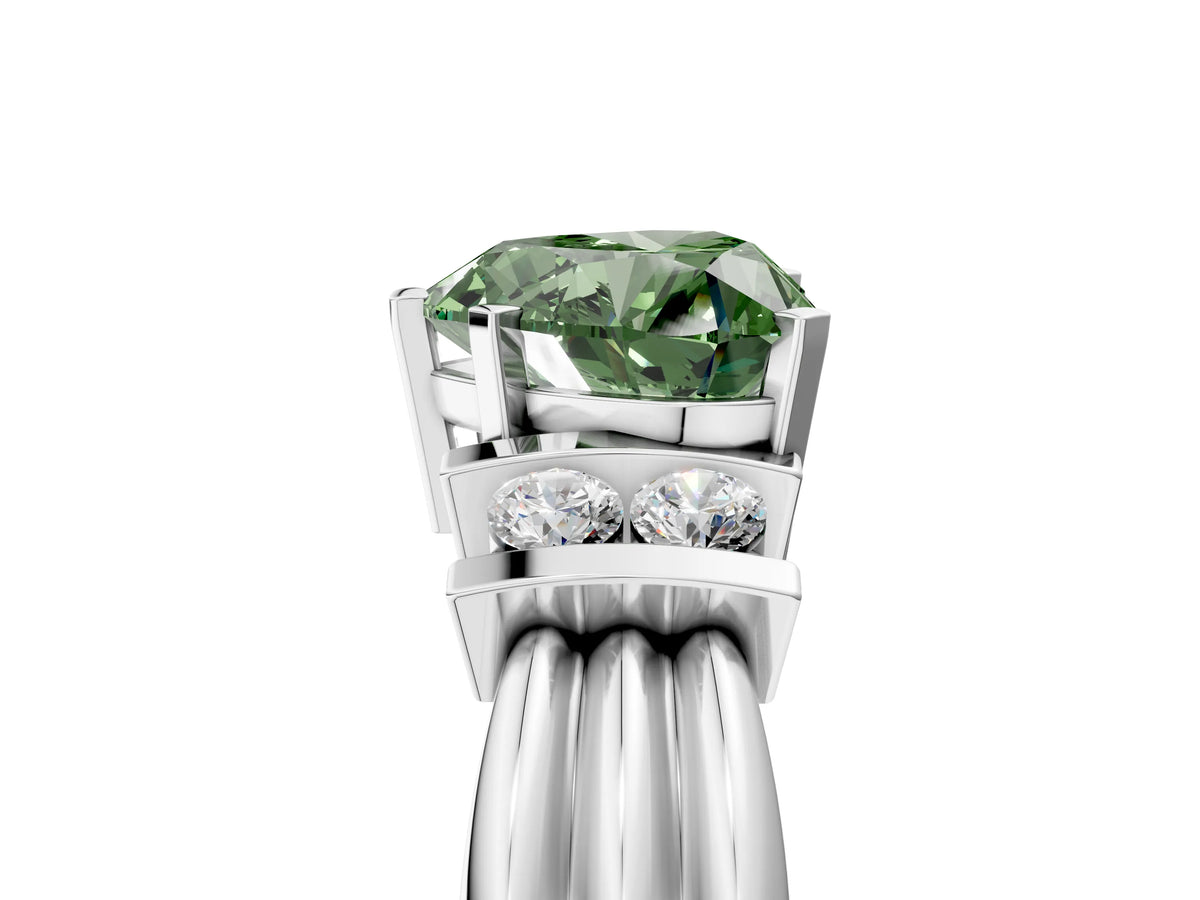 Three-Stone Fancy Green Heart Cut Diamond Channel Set Ring in Silver with Bar Prongs_17