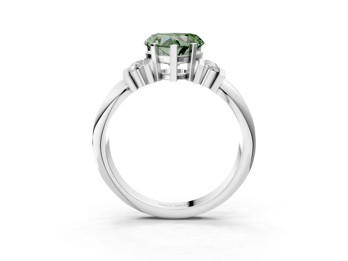 Three-Stone Fancy Green Heart Cut Diamond Channel Set Ring in White gold with Bar Prongs_3