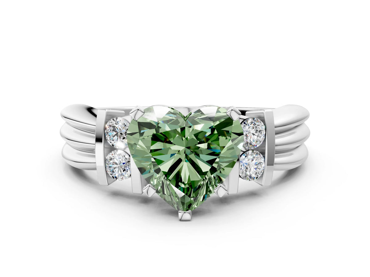 Three-Stone Fancy Green Heart Cut Diamond Channel Set Ring in White gold with Bar Prongs