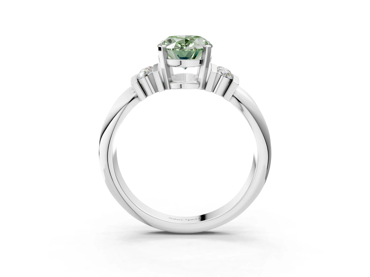 Three-Stone Fancy Green Oval Cut Diamond Channel Set Ring in Silver with Bar Prongs_9