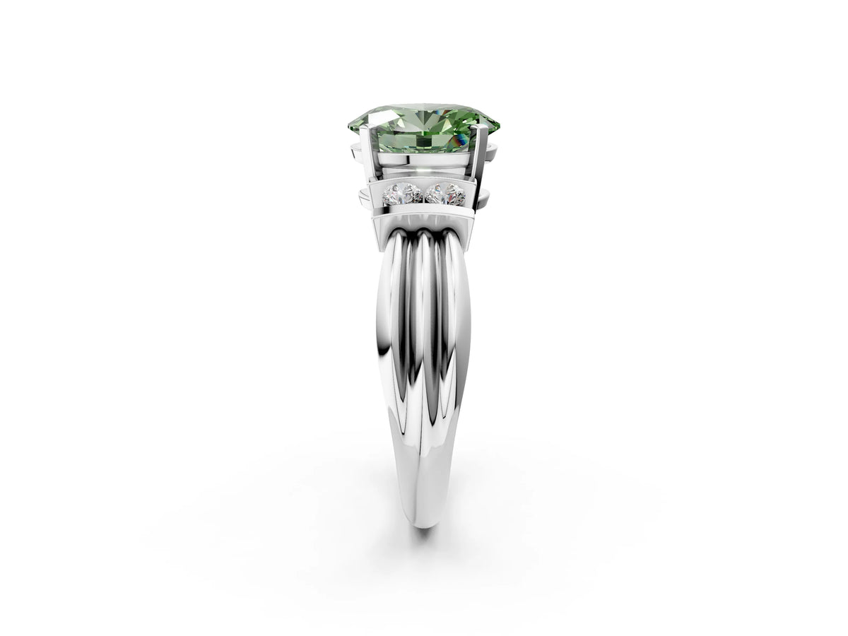 Three-Stone Fancy Green Oval Cut Diamond Channel Set Ring in White gold with Bar Prongs_2