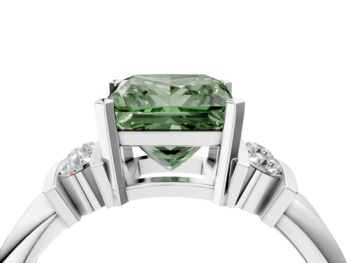 Three-Stone Fancy Green Princess Cut Diamond Channel Set Ring in Silver with Bar Prongs_10
