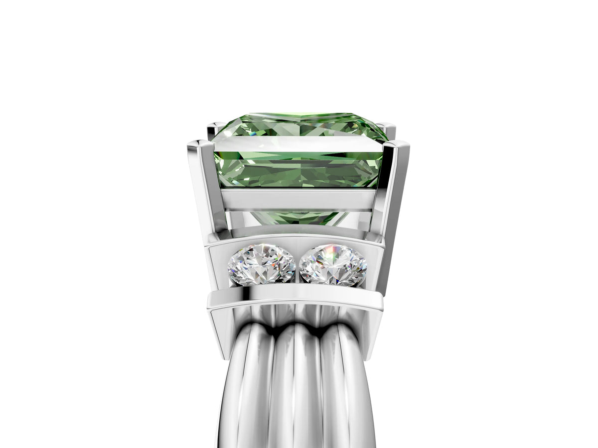 Three-Stone Fancy Green Princess Cut Diamond Channel Set Ring in Silver with Bar Prongs_11