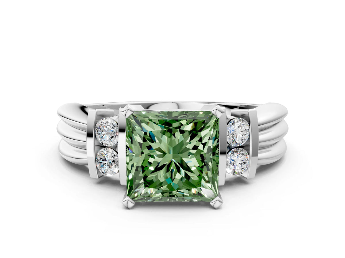 Three-Stone Fancy Green Princess Cut Diamond Channel Set Ring in Silver with Bar Prongs_6