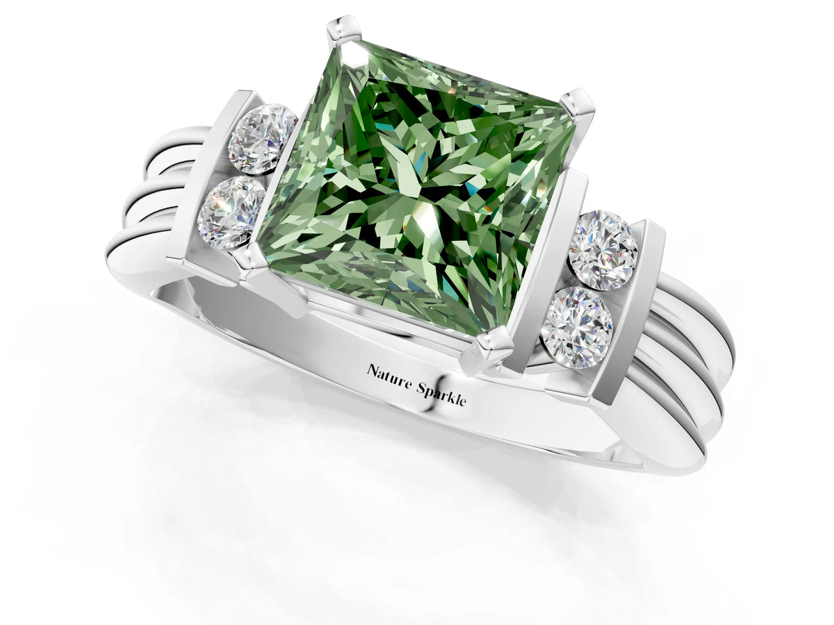 Three-Stone Fancy Green Princess Cut Diamond Channel Set Ring in White gold with Bar Prongs_1