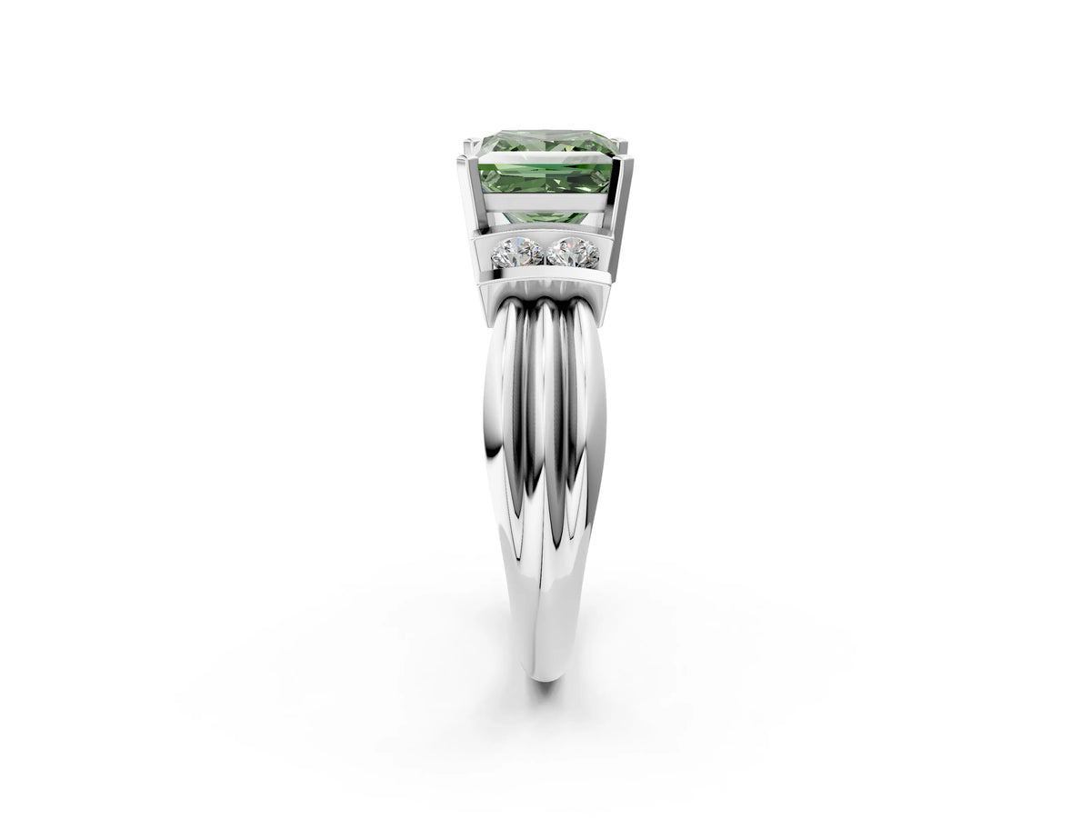 Three-Stone Fancy Green Princess Cut Diamond Channel Set Ring in White gold with Bar Prongs_2