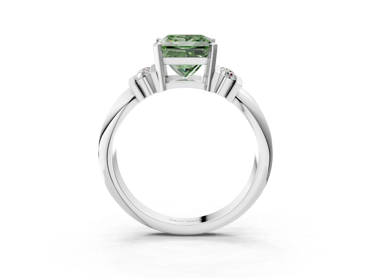 Three-Stone Fancy Green Princess Cut Diamond Channel Set Ring in White gold with Bar Prongs_3