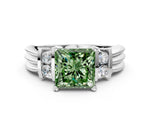 Three-Stone Fancy Green Princess Cut Diamond Channel Set Ring in White gold with Bar Prongs