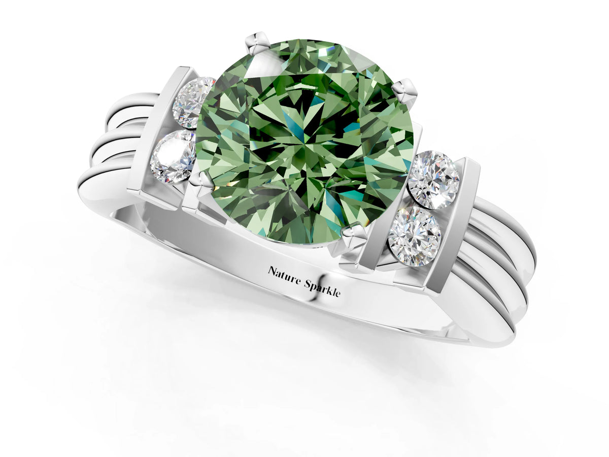 Three-Stone Fancy Green Round Cut Diamond Channel Set Ring in White gold with Bar Prongs_1