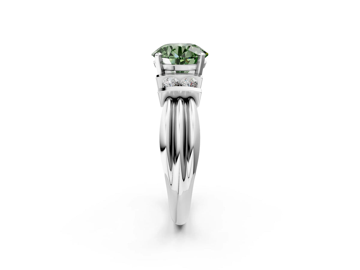 Three-Stone Fancy Green Round Cut Diamond Channel Set Ring in White gold with Bar Prongs_2