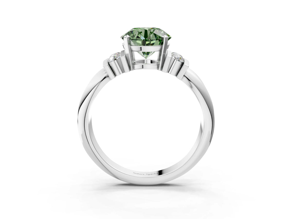 Three-Stone Fancy Green Round Cut Diamond Channel Set Ring in White gold with Bar Prongs_3