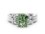 Three-Stone Fancy Green Round Cut Diamond Channel Set Ring in White gold with Bar Prongs