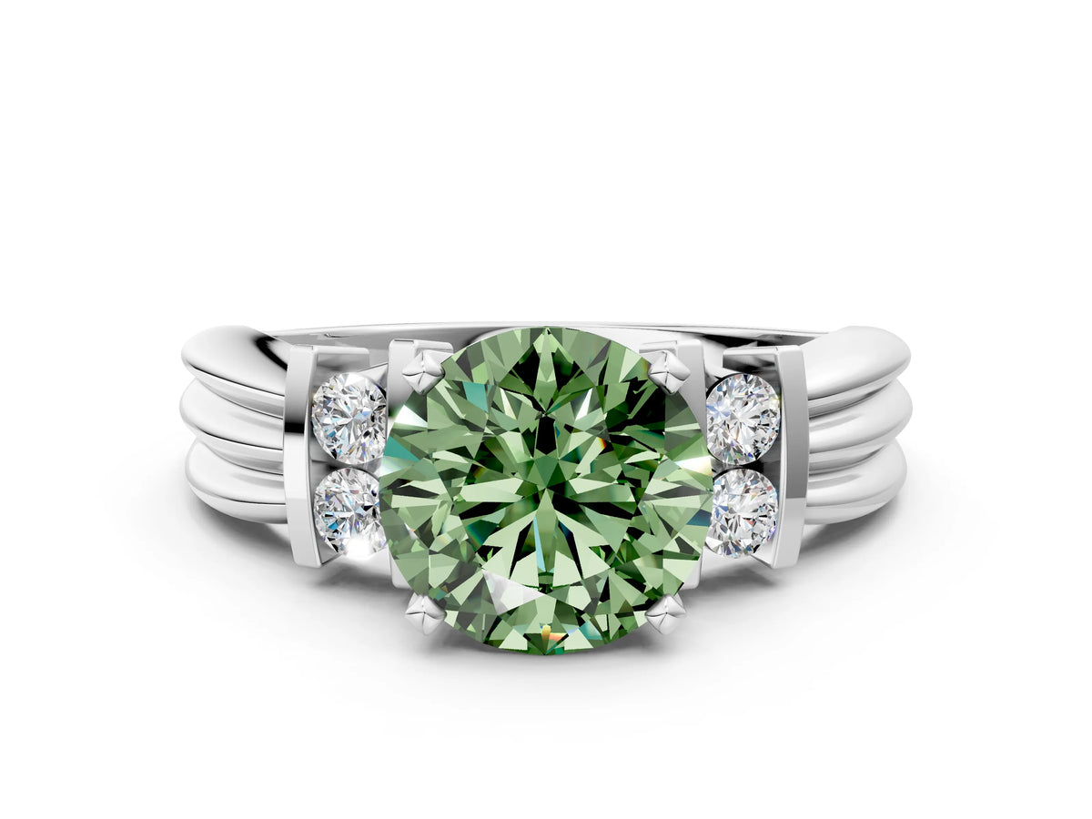 Three-Stone Fancy Green Round Cut Diamond Channel Set Ring in White gold with Bar Prongs