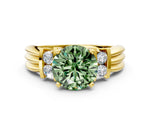 Three-Stone Fancy Green Round Cut Diamond Channel Set Ring in Yellow gold with Bar Prongs