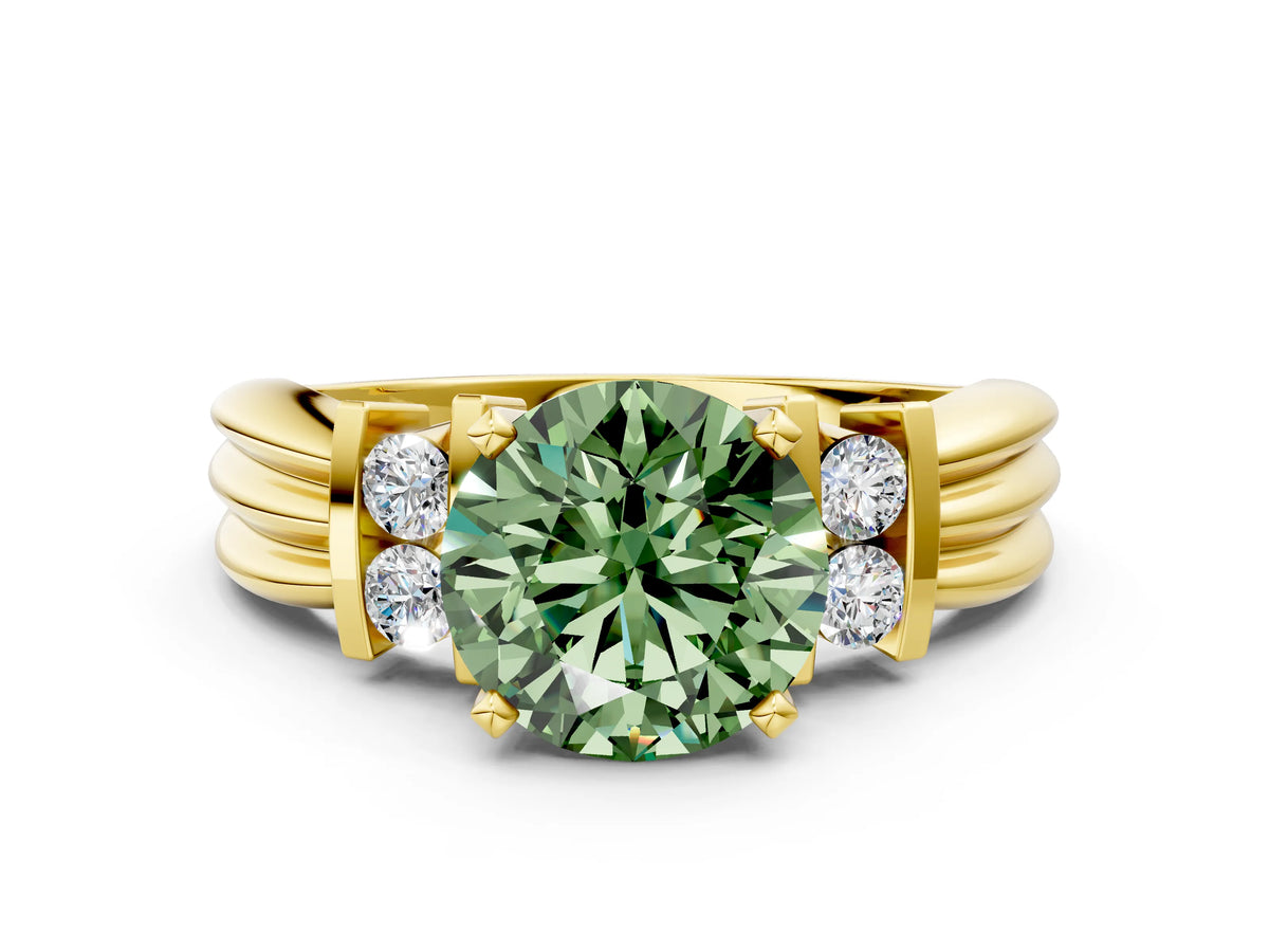 Three-Stone Fancy Green Round Cut Diamond Channel Set Ring in Yellow gold with Bar Prongs