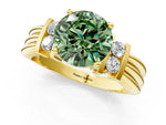 Three-Stone Fancy Green Round Cut Diamond Channel Set Ring in Yellow gold with Bar Prongs_1